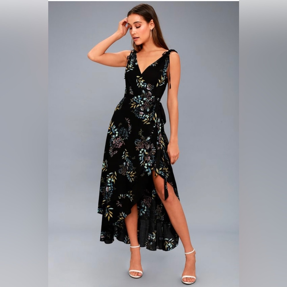 Lulus Amal Black Floral Print Wrap Maxi Dress